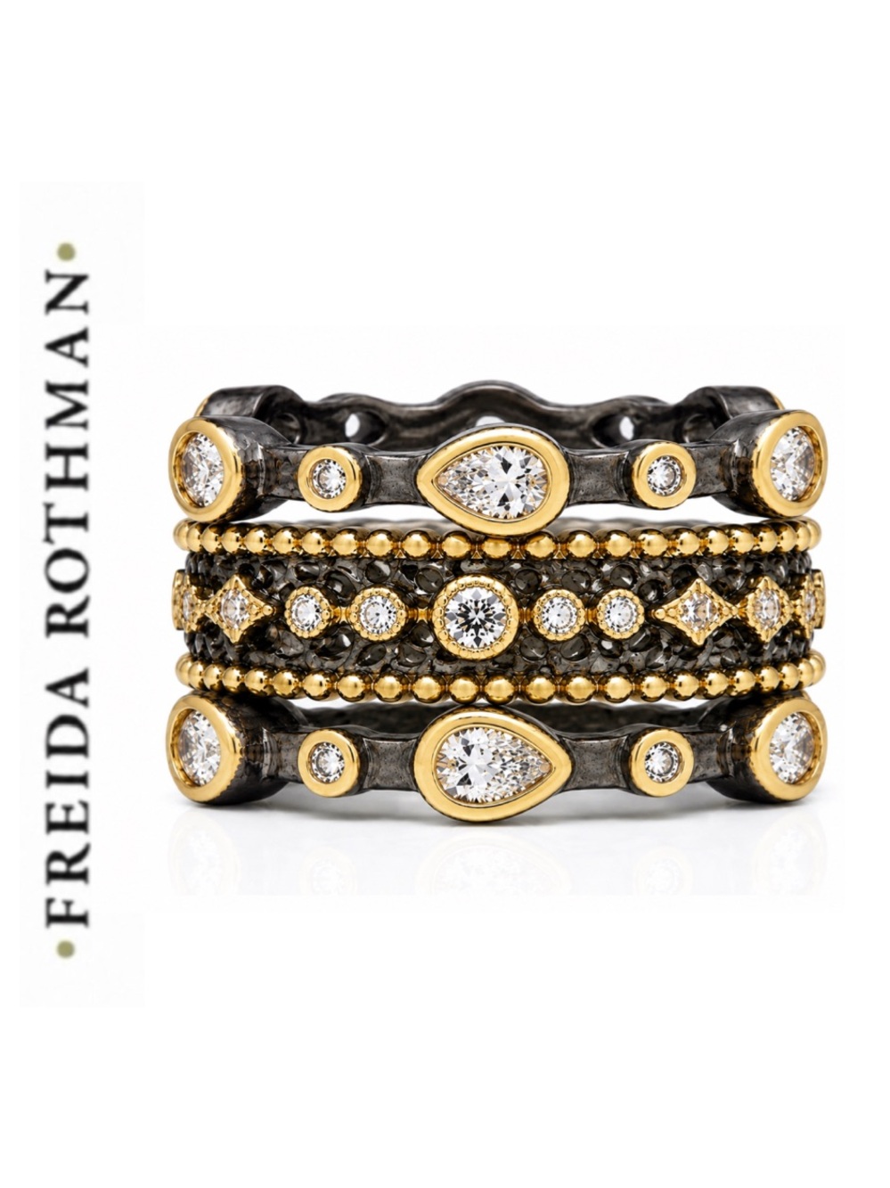 Freida Rothman Three-Piece Mixed Metal CZ (1) Bezel Stack and (2) Teardrop Rings